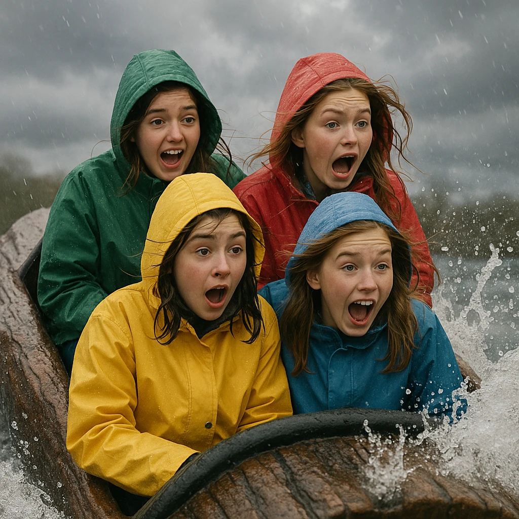 teen girls riding a log flume, bundled up in raincoats, cold and rainy weather, water splashing, expressions of surprise and excitement, overcast sky emoji