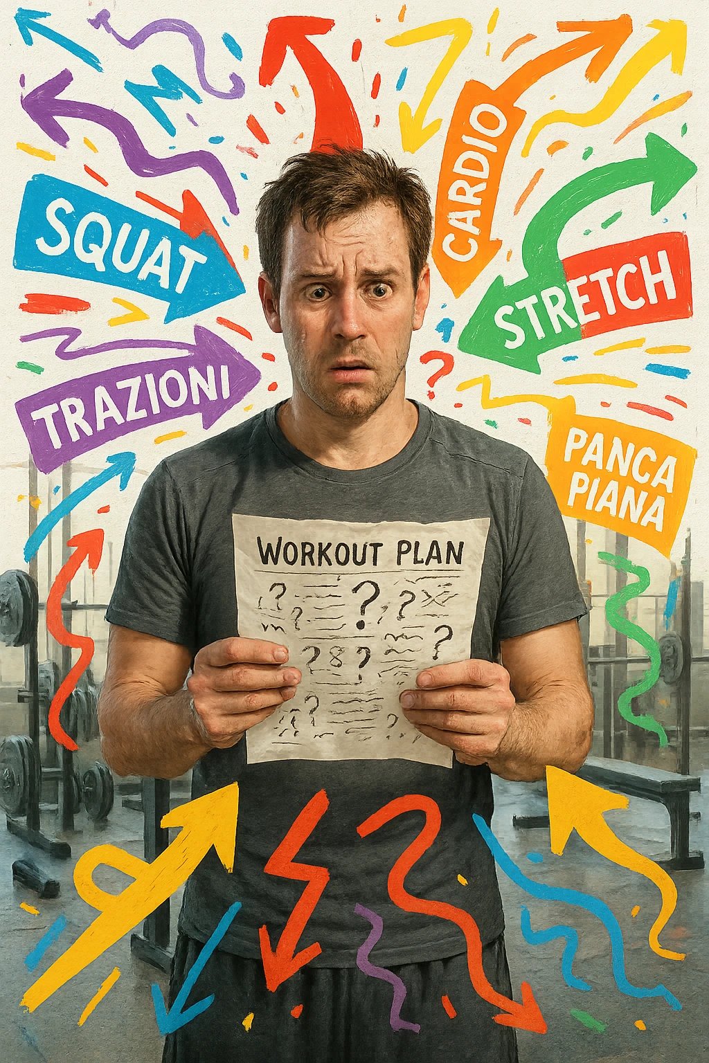 a person stands in the center of a gym, surrounded by arrows pointing in all directions, each labeled with a different exercise (e.g., “squat,” “Salti,” “stretch,” “Panca Piana”). The person looks bewildered, holding a workout plan with scribbles and question marks. The scene is colorful but visually messy, symbolizing confusion. in italiano immagine iperrealistica emoji