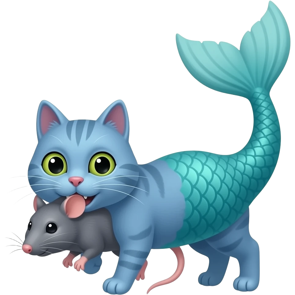 A blue cat with long #B8FFFF mermaid tail swallowed a whole rat emoji