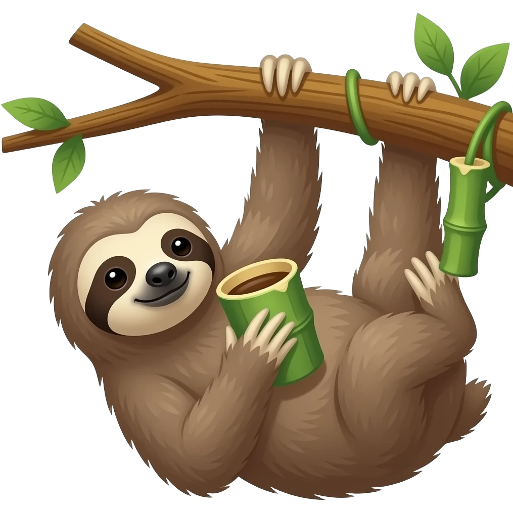 hanging sloth on big jungle tree branch drink coffee bamboo cup hanging emoji