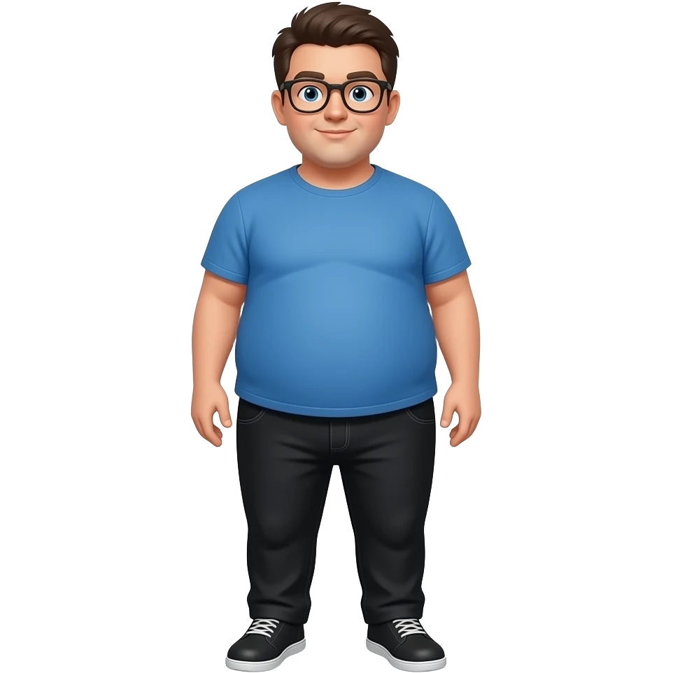 chico con camiseta azul pantalones negros pero con piernas zapatos i que tenga mas 18 años i que el chico sea gordo sin gafas emoji