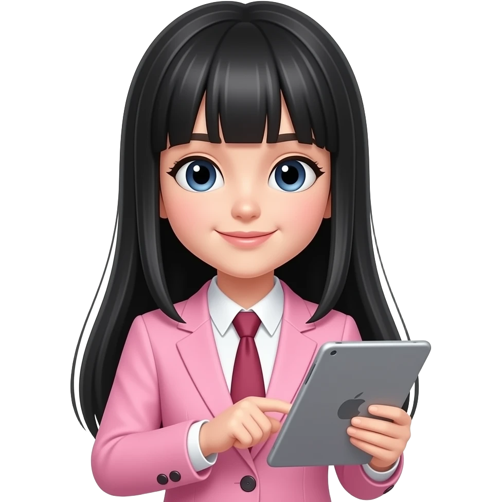 Long black hair girl with a strait fringe and using a light pink suit working in a tablet emoji