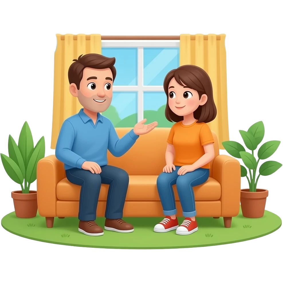 adulto + adolescente conversando en casa con íconos de bienestar integral alrededor emoji