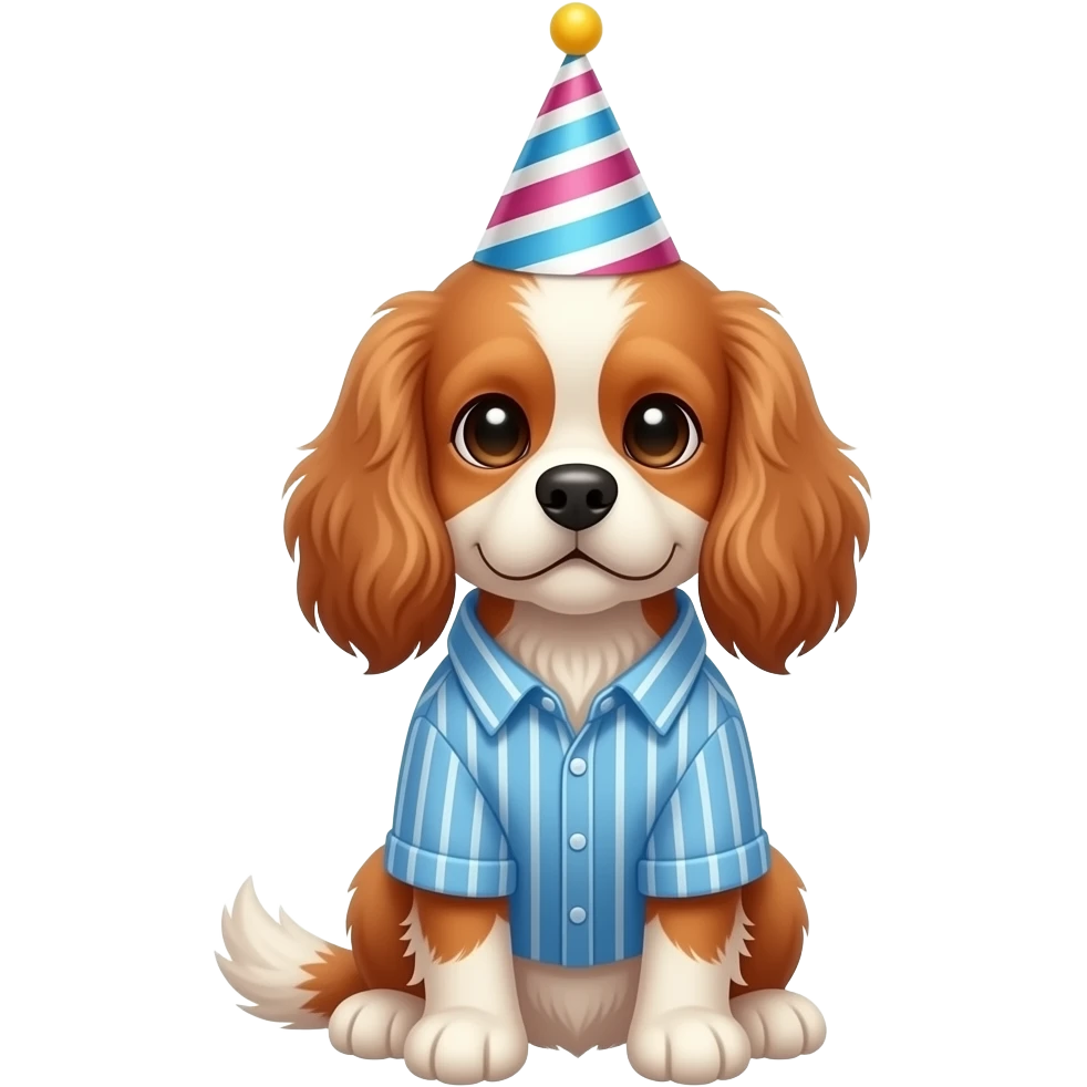 A brown Cavalier King Charles Spaniel sitting in a blue vertically thin-striped shirt with a birthday hat emoji