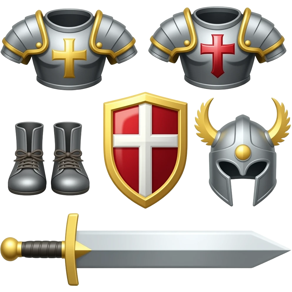 Belt of Truth  Breastplate of Righteousness Shoes of/Peace  Shield of Faith  Helmet of Salvation: ,  Sword of the Spirit: emoji