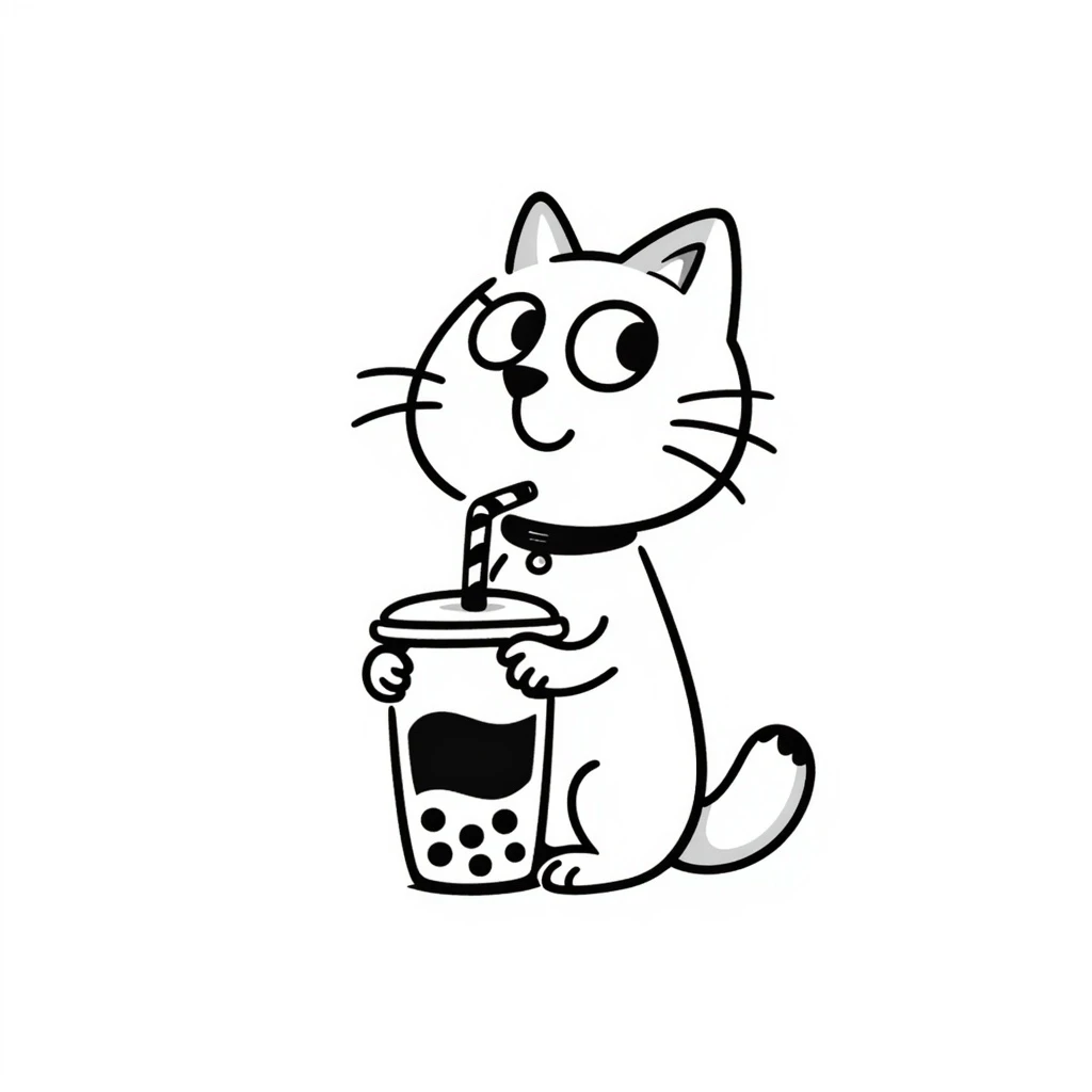 hand drawn doodle of a cat with boba tea emoji