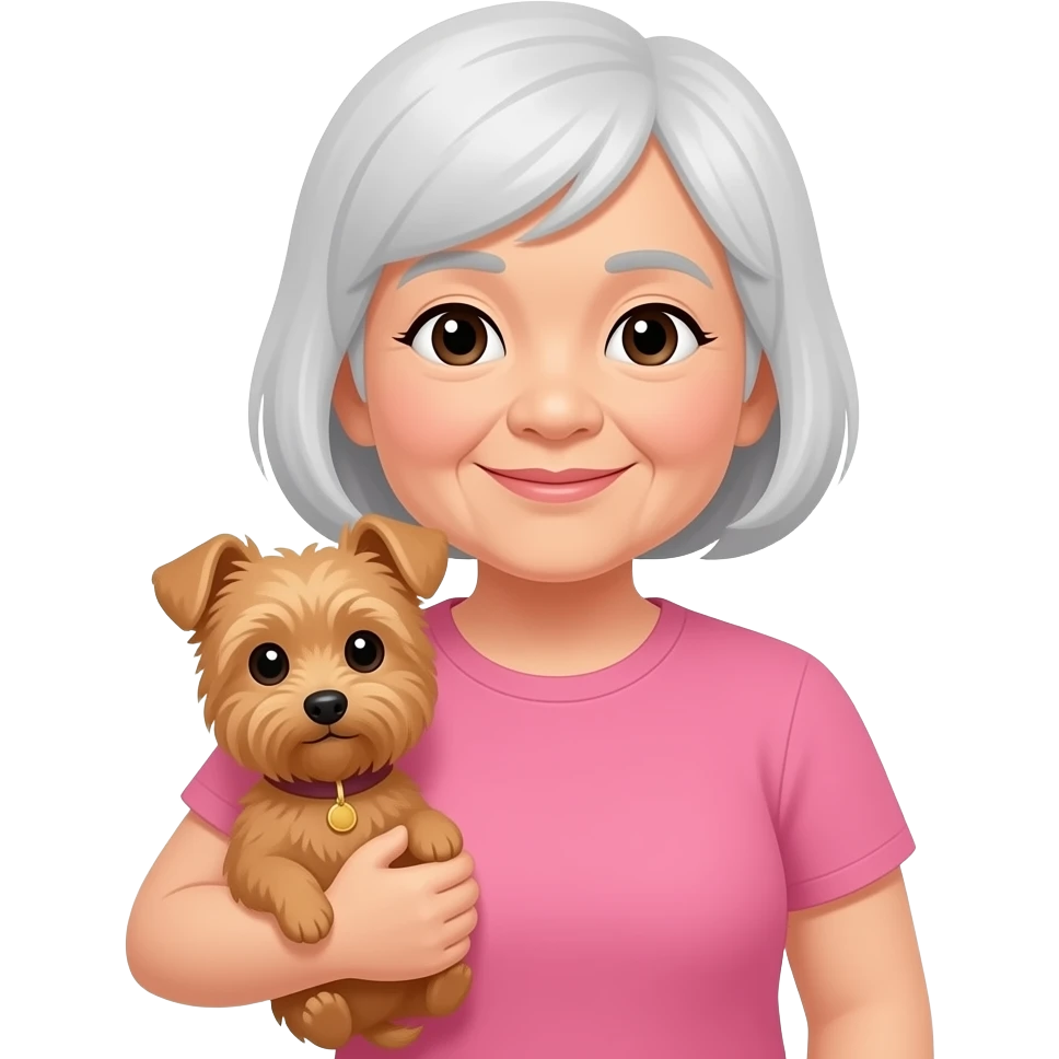 Asian grandma wearing pink tshirt with short white hair carrying brown terrier emoji