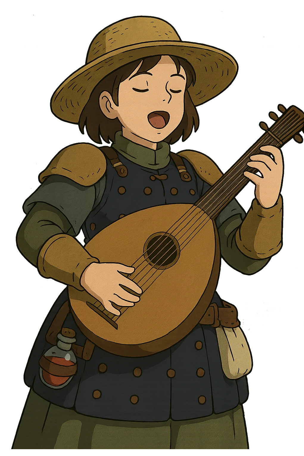 A female bard wearing brigandine armor with a sturdy straw hat, playing a fat lute and singing, night time shadows  , tool belt with red potion and bandages  emoji