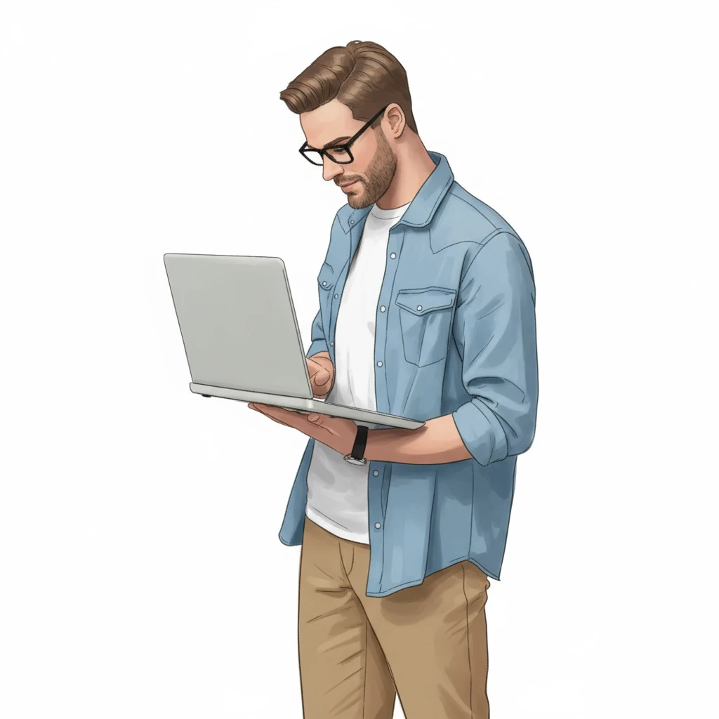 нарисуй похожего мужчину строго в профиль, который держит в руках ноутбук, как на картинке, но мужчина стоит в полный рост,  в стиле, как на картинке мужчина рабочий, без фона emoji