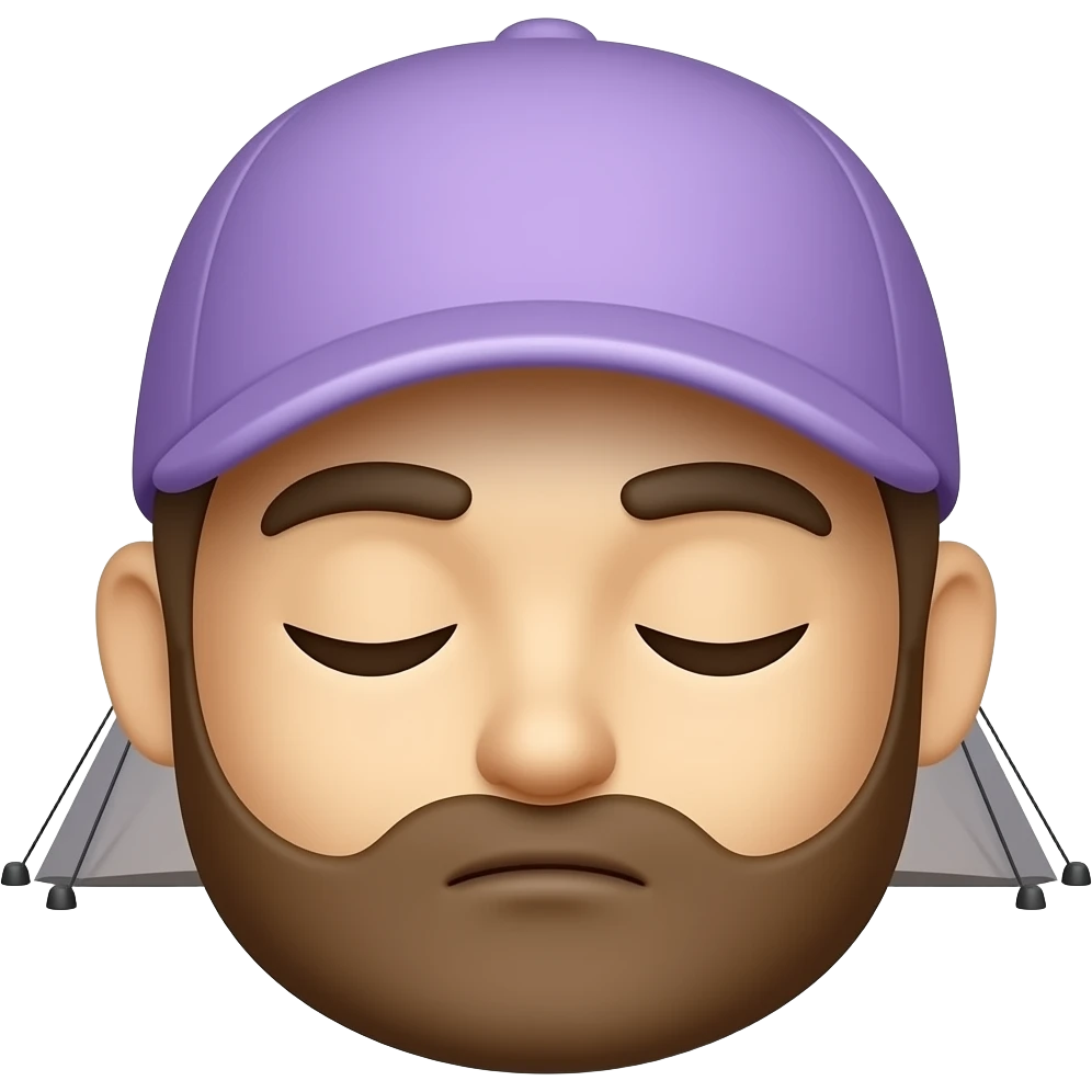 Man emoji face, no beard, lilac cap, sleeping, eyes closed, peaceful, tent interior, close-up, Apple emoji style, lilac tones emoji