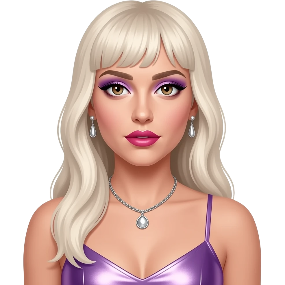 Lady Gaga with hazel eyes, long platinum blonde hair, lavender eyeshadow, hot pink lipstick, lavender metallic halter dress, silver necklace and earrings emoji
