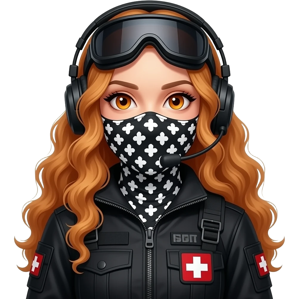 sexy girl with long curly ginger hair and ginger eyes wearing-a-black-special-tactics-medical-force-outfit-and-a-black-combat-boots-plateface-total-painted-black-and-a-black-and-white-patterned-balaclava-and-wears-a-headset-and-a-big-black-night-vision- emoji