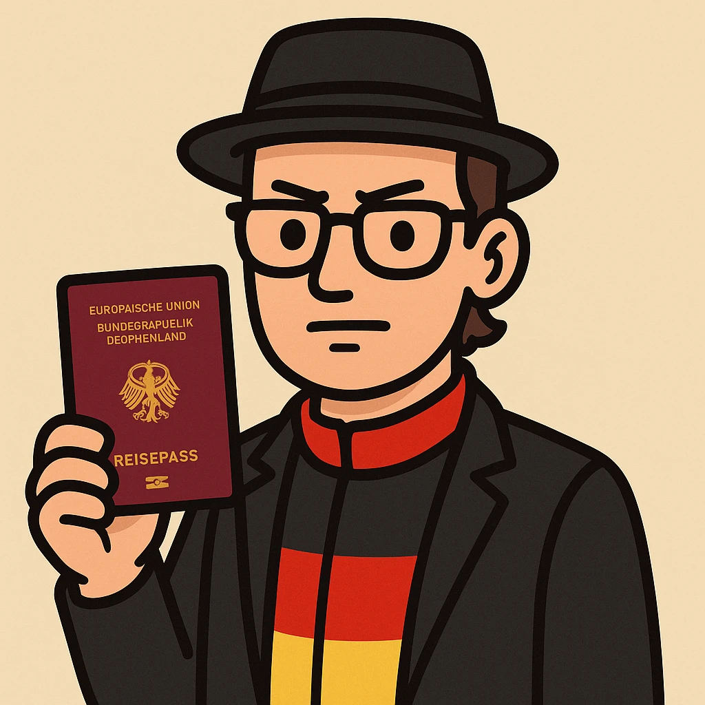 stylish cartoon character holding a German passport, with elements of the German flag or national symbols, serious but friendly expression, suitable for a mobile app icon about permanent residency or citizenship in Germany emoji