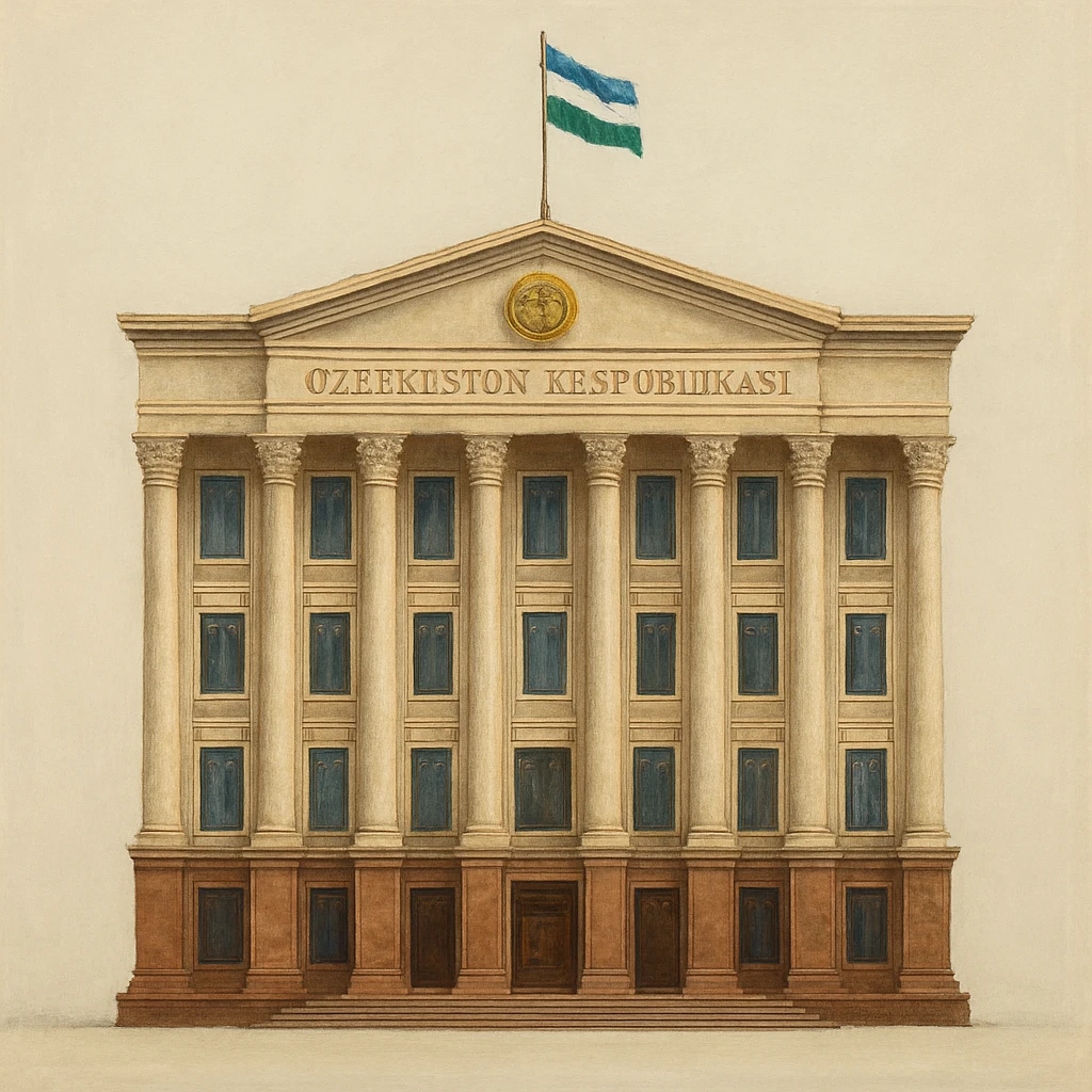 «Реалистичная живописная стильная прорисовка. Здание правительства узбекистана строго в анфас, прямо спереди, без наклона и без перспективы. Покажи ВСЁ здание целиком — сверху донизу и слева направо — с большим свободным полем вокруг, чтобы НИЧЕГО не обрезалось. На крыше должен быть флаг Узбекистана. Никаких деревьев, людей, фонтанов, автомобилей, тени от объектов и окружающей среды. Только полностью целое здание на однотонном чистом фоне (белом или светло-сером). Обязательно: “НЕ кадрировать, НЕ обрезать, оставить запас места вокруг здания». emoji