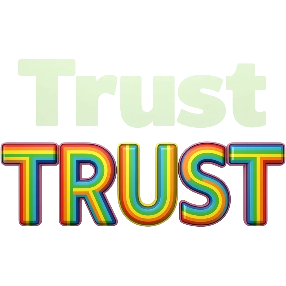name "Trust" in green, 3D style typography lettering, each color of the rainbow as a border outlined around each letter, isolated, 3d rendering, no emoji icons no emoji faces and must have no human figures emoji