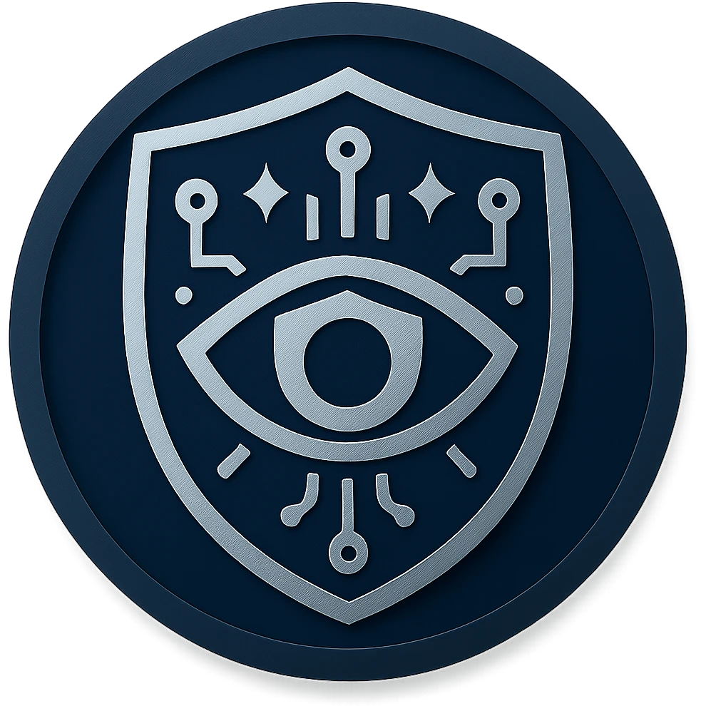 Place the logo inside a bold, modern circular badge. Maintain the minimal, futuristic, and authoritative style with dark blue, gray, and metallic silver colors. Ensure the design remains clean and recognizable at small sizes, with no background outside the circle. emoji