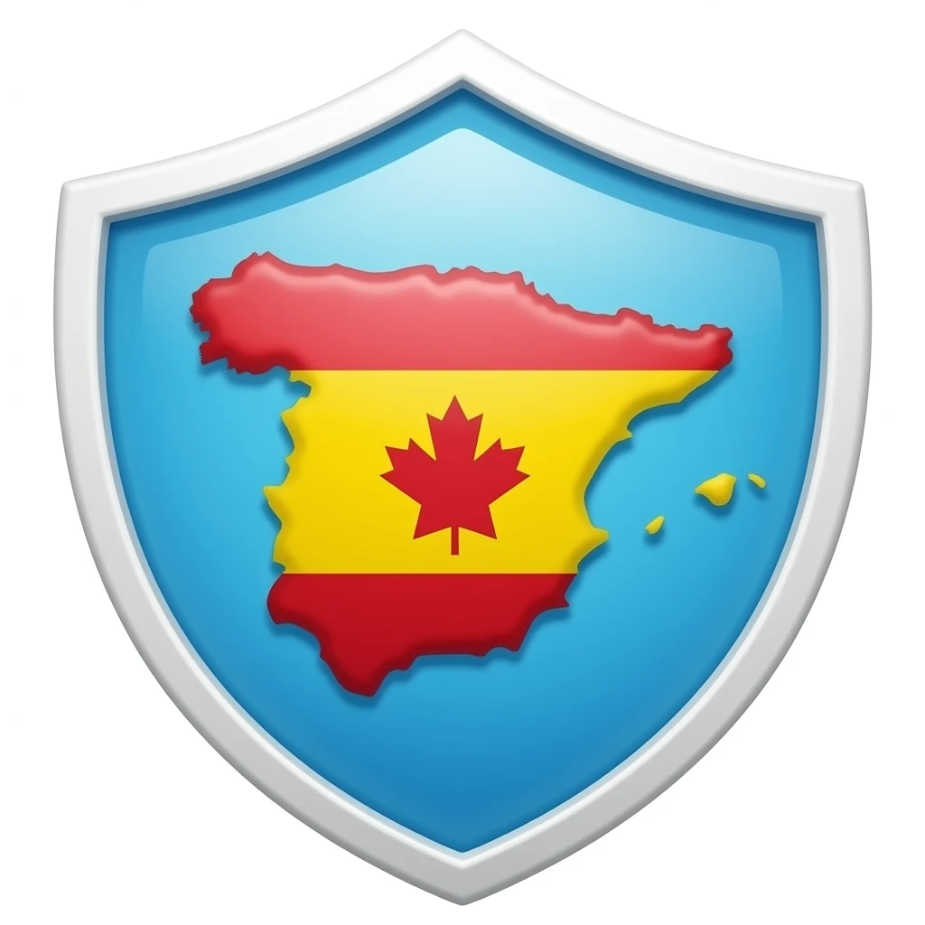 Map of Spain surrounded by a protective shield, cartoon emoji style emoji