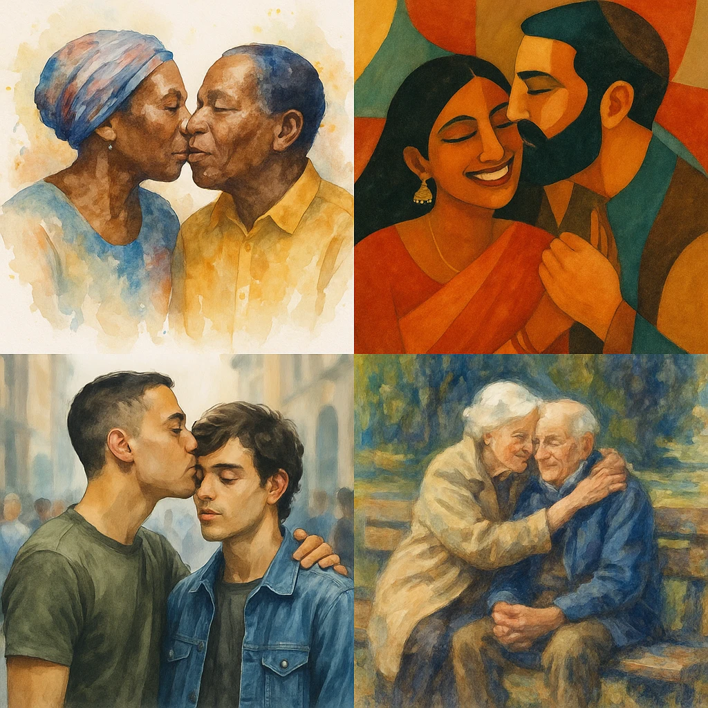 public display of affection, various interpretations, diverse people showing affection in different ways, artistic and varied visual styles emoji
