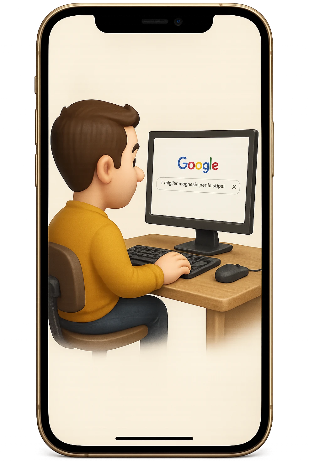 emoji stile iphone di un uomo davanti al pc che cerca di google: "Il miglior magnesio per la stipsi", iperrealistico 4k emoji