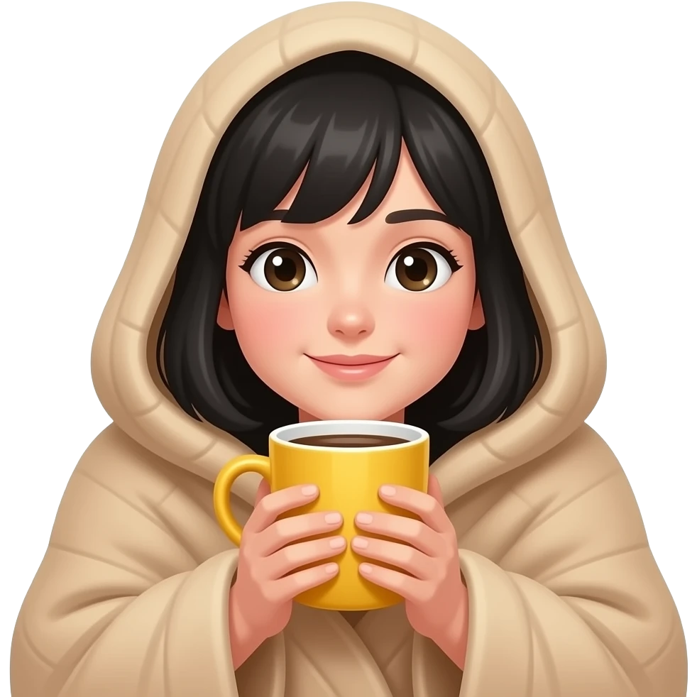 A white girl with black hair, with a large beige blanket, drinking coffee in a yellow mug, very cozy and peace, iPhone emoji style emoji