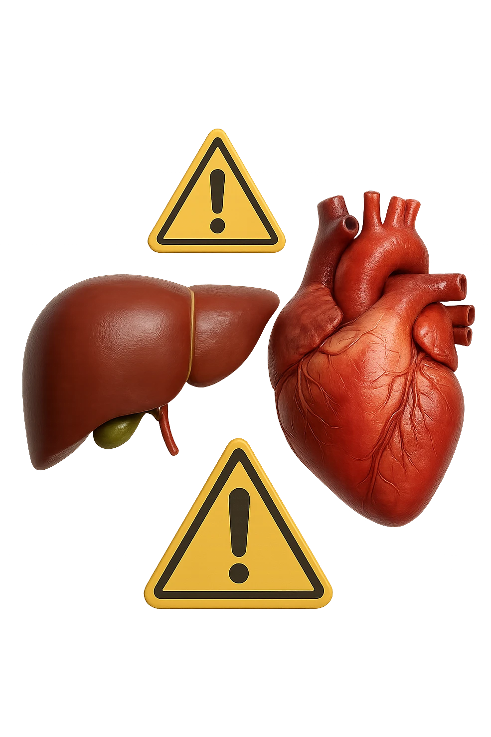 emoji stile iphone di fegato e cuore anatomici realistici in 3d che fluttuano in aria insieme a segnali di pericolo, FALLO MOLTO REALISTICO IN 3D emoji