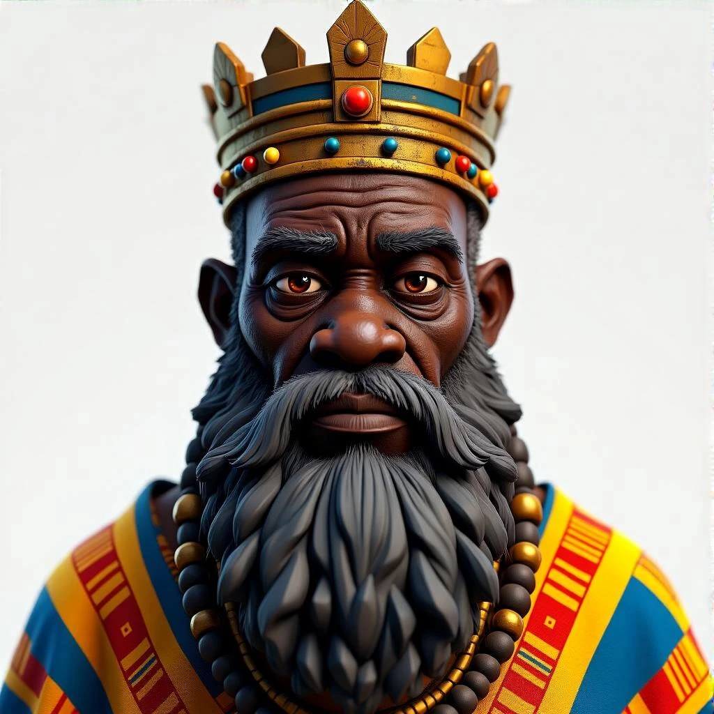 Create me a Stylized 3D Character Art of an old Wise African king with a large beard wearing kente cloth for a Strategy Game. Make it have a balance of realism and caricature with a well-defined lighting. emoji