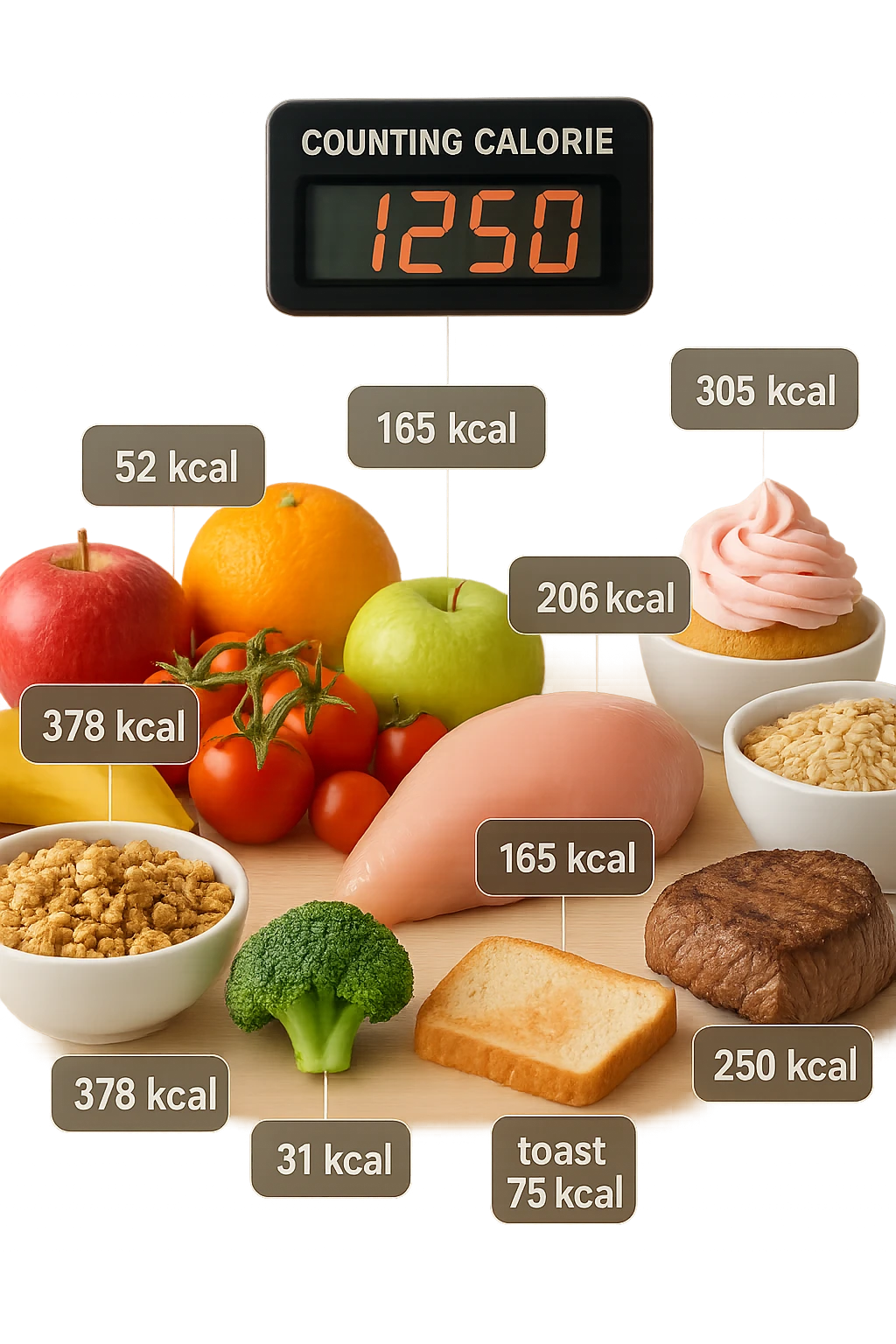 a digital calorie counter hovers above a variety of foods arranged on a table—fruits, vegetables, grains, meats, and desserts. Each food has a floating label showing its calorie content. The background is clean and modern, emphasizing the educational aspect of calorie awareness. scritto in italiano emoji