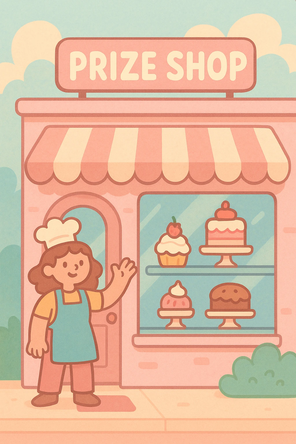 pastel pink bakery with a striped awning, cakes in the window, and a sign above that says 'Prize Shop', soft and dreamy pastel tones, friendly vibe emoji