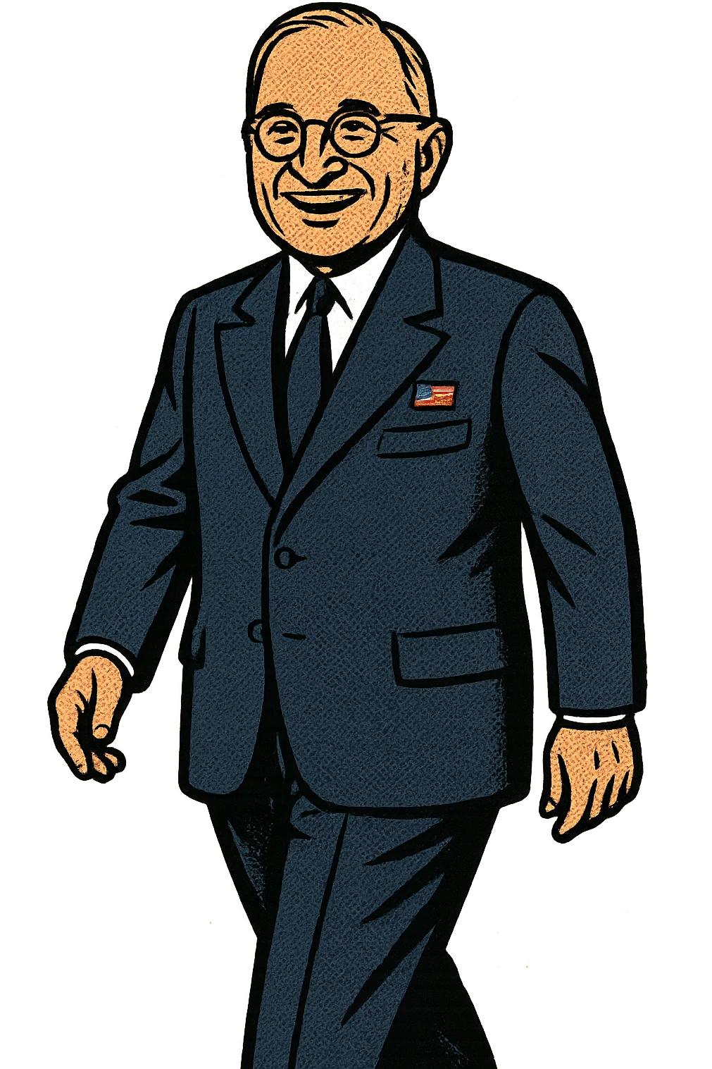 A full body image of a leader who looks like President Truman who is smiling, wearing a blue suit with an American Flag badge emoji