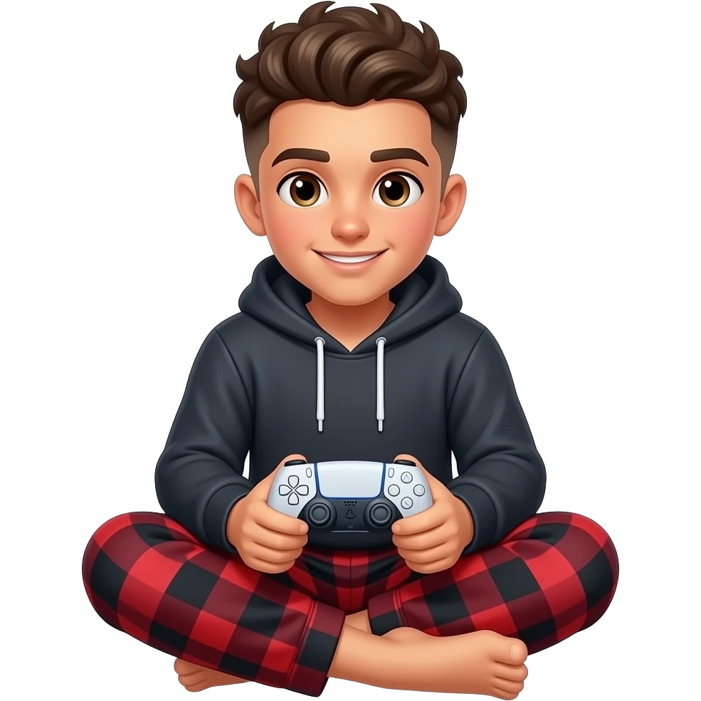 make me a high schooler black skin colored man with a brown low taper fade with textured hair playing in the ps5 wearing red and black pajama pants with a comfrt hoodie emoji