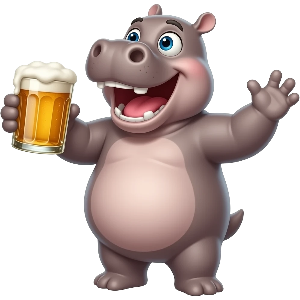Hippo acting very silly crazy drunk drinking beer silly face beer both hands delarious emoji