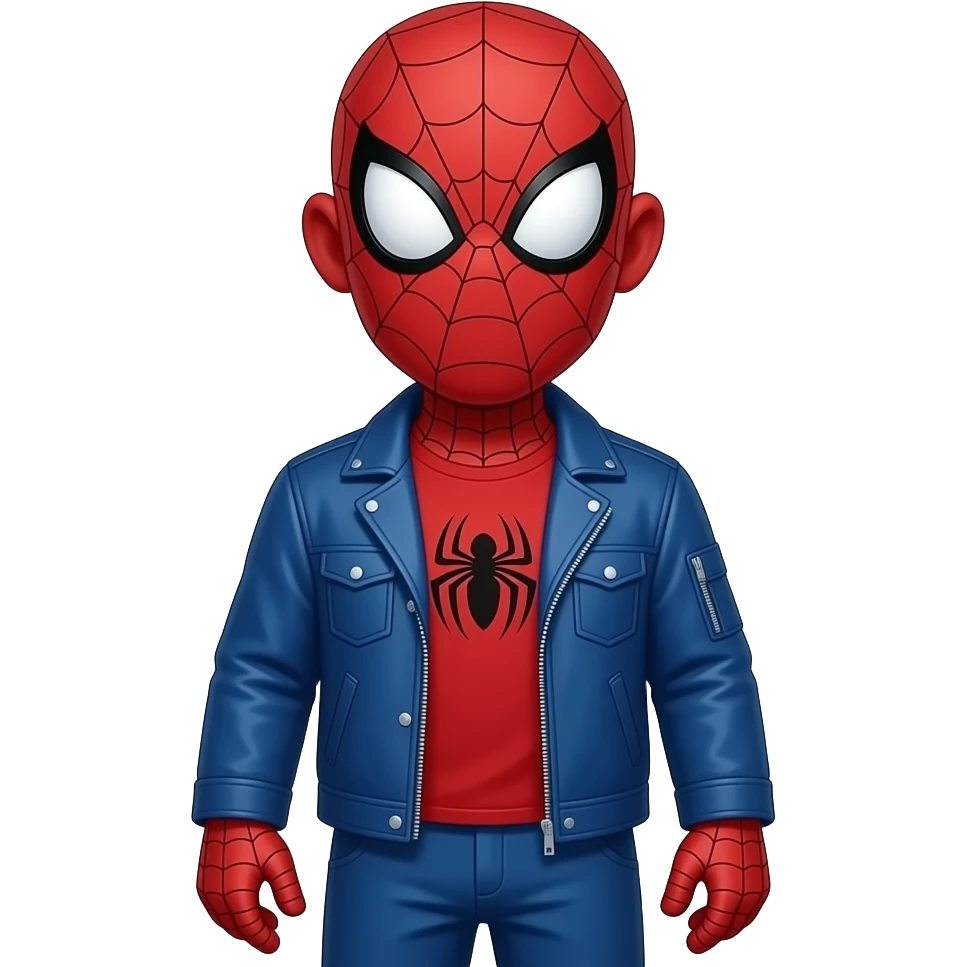A red guy that has white eyes and triangle shaped eyes blue pants red gloves blue jacket and red T-shirt with a spider logo and no mouth and bald emoji