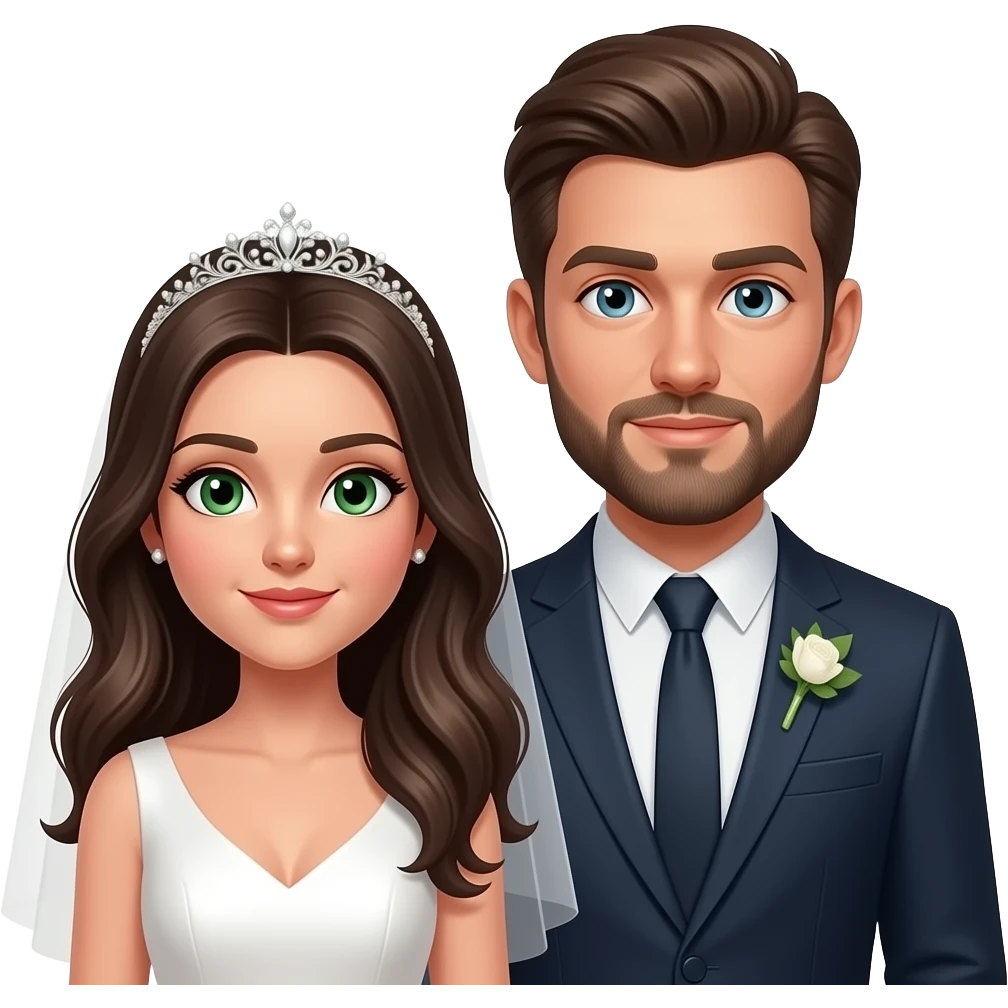 bride white skin with dark brown hair and green eyes, guy white skin and brown hair, green blue eyes and beard and tall emoji