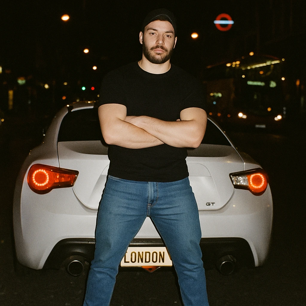 Grunge-style analog photo, London 2025, person inspired by the new reference image in model pose in front of a Nissan GT 86, black t-shirt, jeans, Nike Air Jordan low, using flash, analog grain, city night, 1/8. emoji