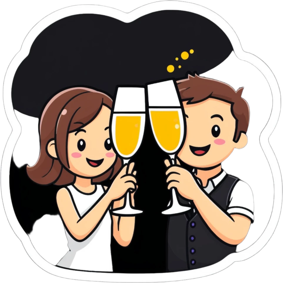 man and girl clinking sparkling wine glasses, cheerful, cartoon sticker style emoji
