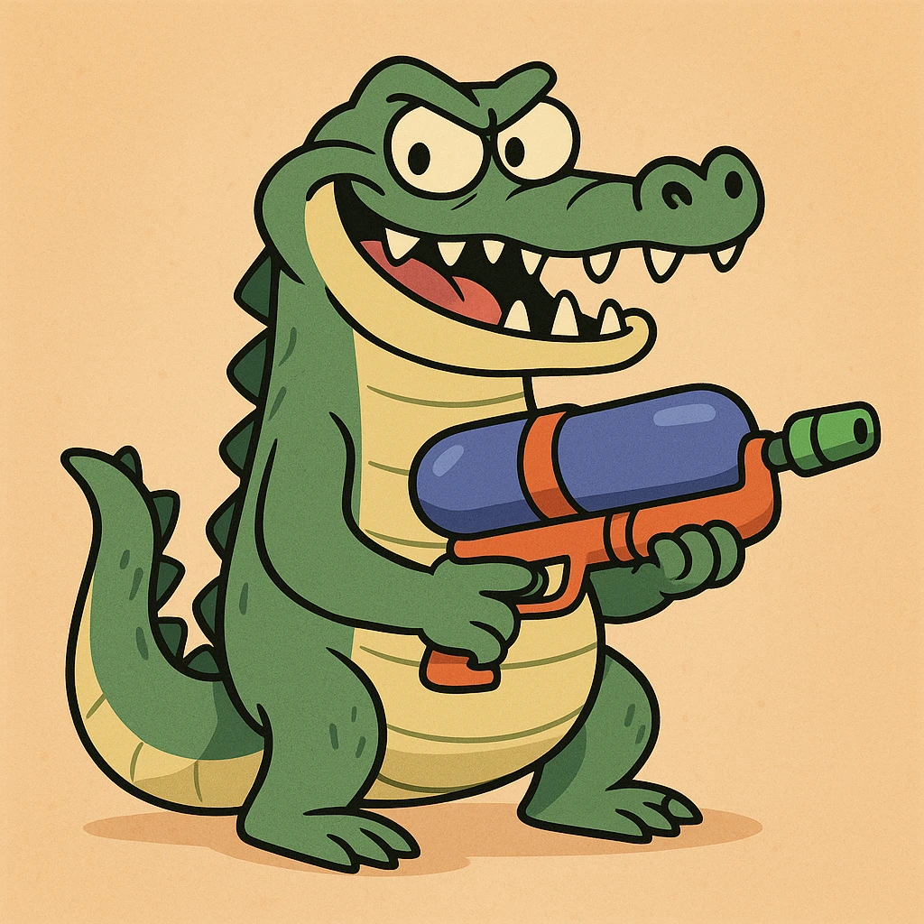 alligator with a water gun and a mischievous grin, bright colors, playful and fun cartoon emoji