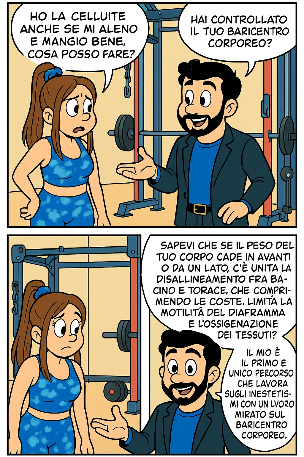 TRASFORMA QUESTO CAROSELLO IN UN FUMETTO STILE TOPOLINO CON QUESTE DUE PERSONE IDENTICHE CHE INTERLOQUISCONO TRA LORO:

LEI: Ho la cellulite anche se mi alleno e mangio bene, cosa posso fare?

LUI: Hai controllato il tuo baricentro corporeo?
LUI: Sapevi che se il peso del tuo corpo cade in avanti o da un lato, c’è un disallineamento fra bacino e torace, che comprimendo le coste, limita la motilità del diaframma e l’ossigenazione dei tessuti?
LUI: Il mio è il primo e unico percorso che lavora sugli inestetismi con un lavoro mirato sul baricentro corporeo. emoji