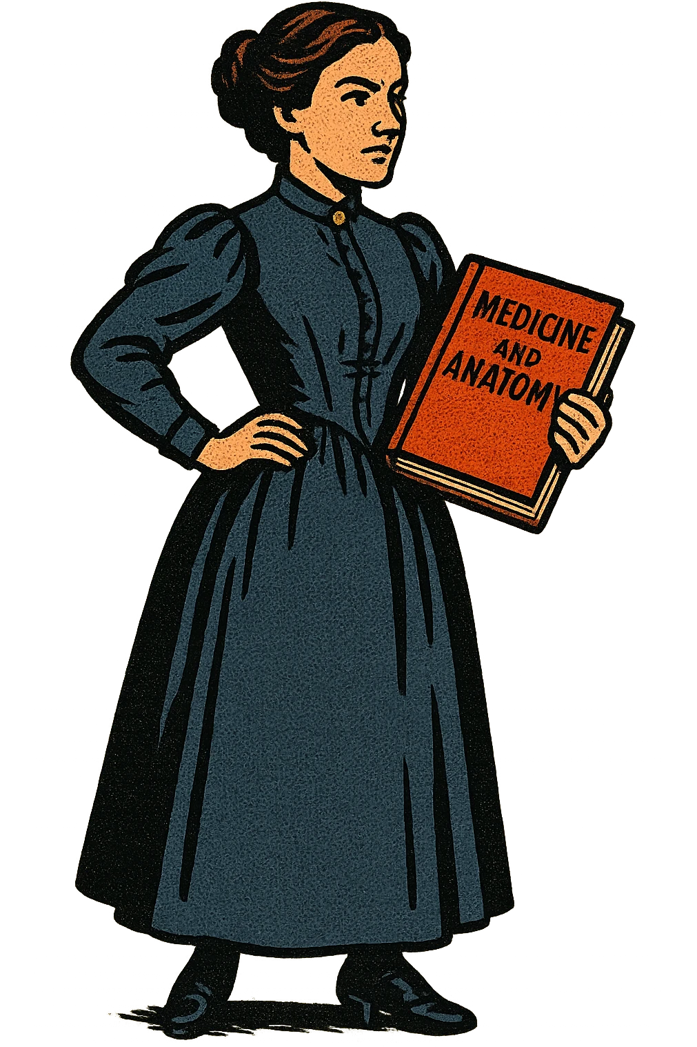 The full body of a victorian lady like Elizabeth Garrett Anderson holding a book about Medicine and Anatomy emoji