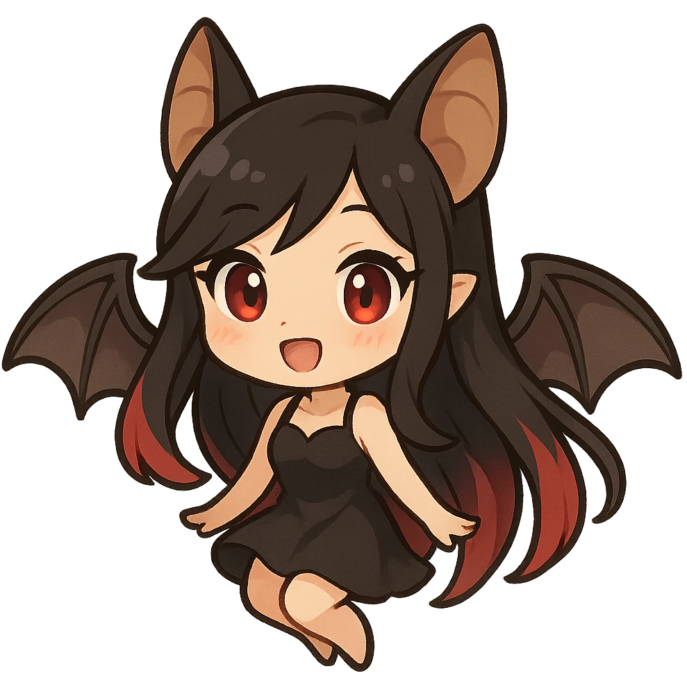 female bat character design with long black and red hair, expressive face, cute and stylish emoji
