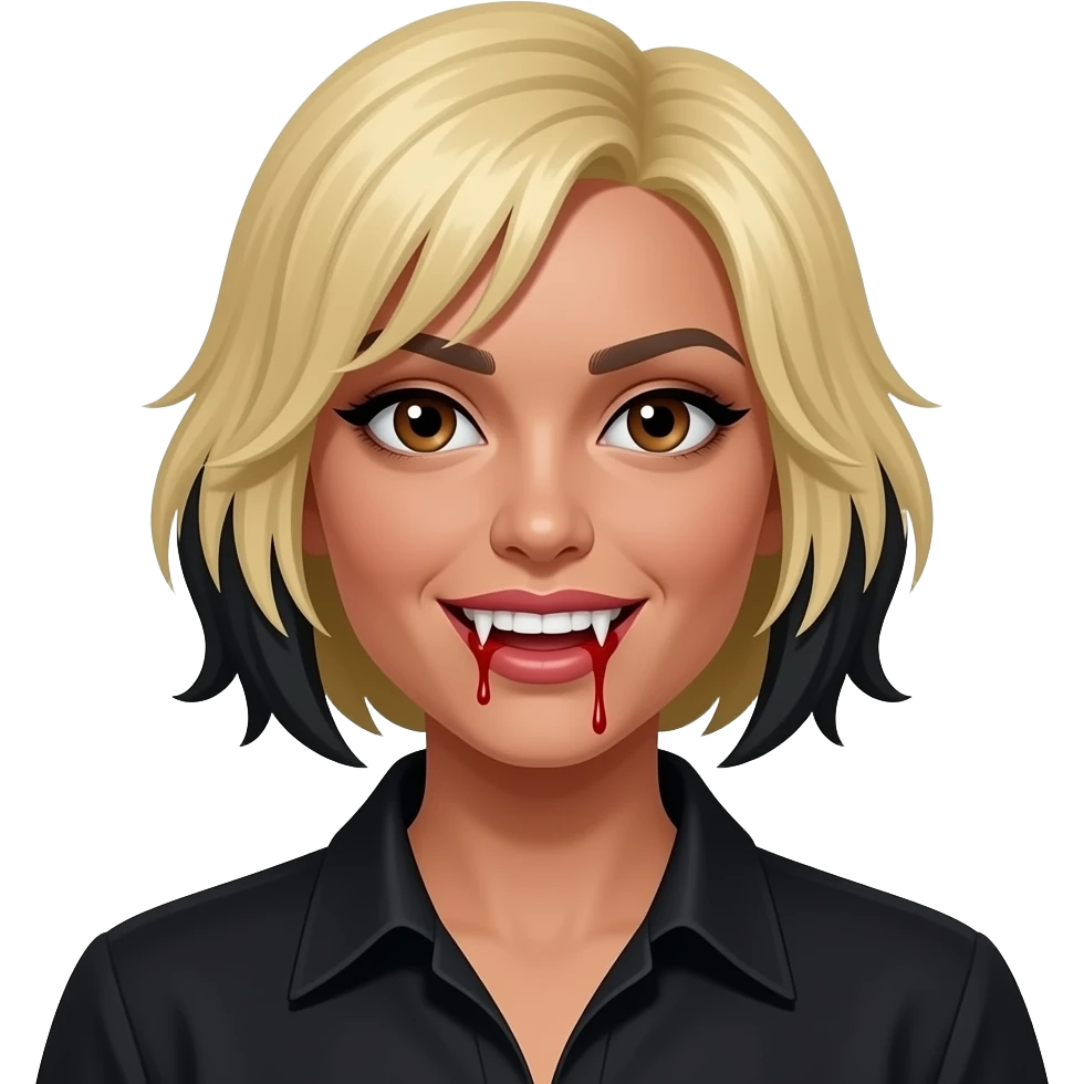 women blond short hair with long black roots, black skin, brown eyes, black shirt,  dracula teeth with blood on the fangs emoji