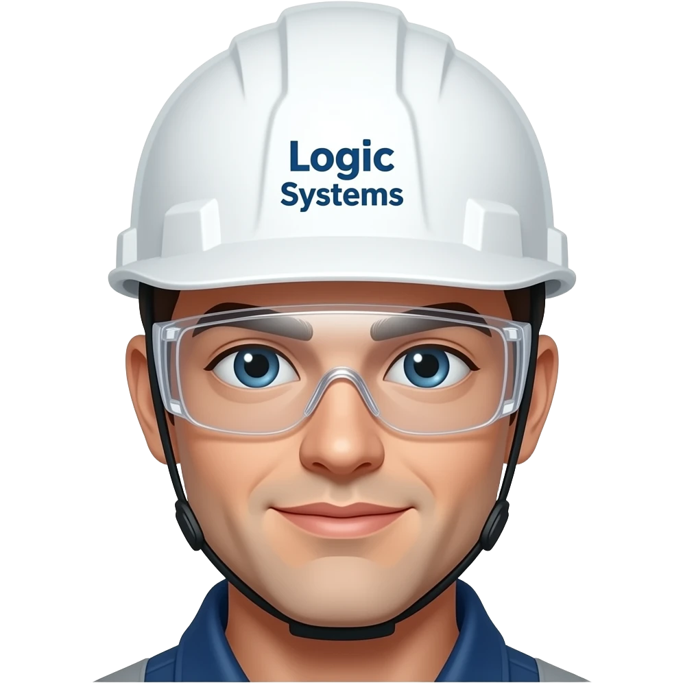 Electricista con casco blanco  Que diga Logic Systems y con lentes de protección emoji