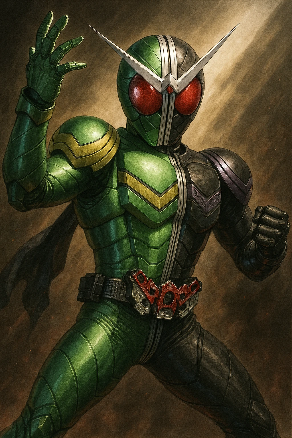 Kamen Rider W, half green and half black masked hero, dynamic pose, tokusatsu style emoji