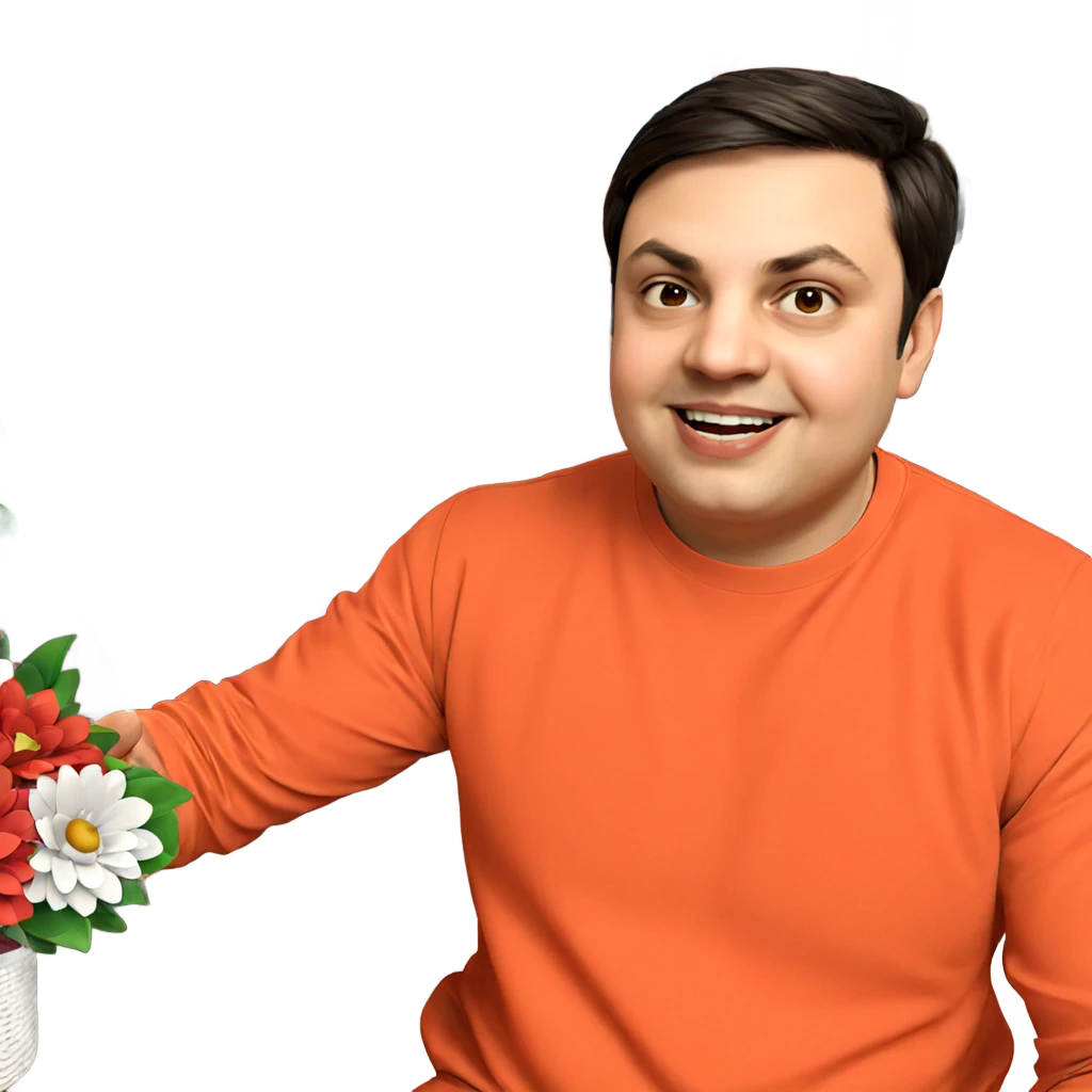 smiling boy with flower indoors emoji