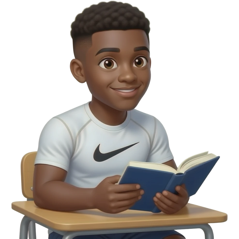 make a 20 year old man black skinned low taper fade in a white nike compression shirt sitting at school and he is reading his book and looking up at me smirking and his eyes are shining emoji