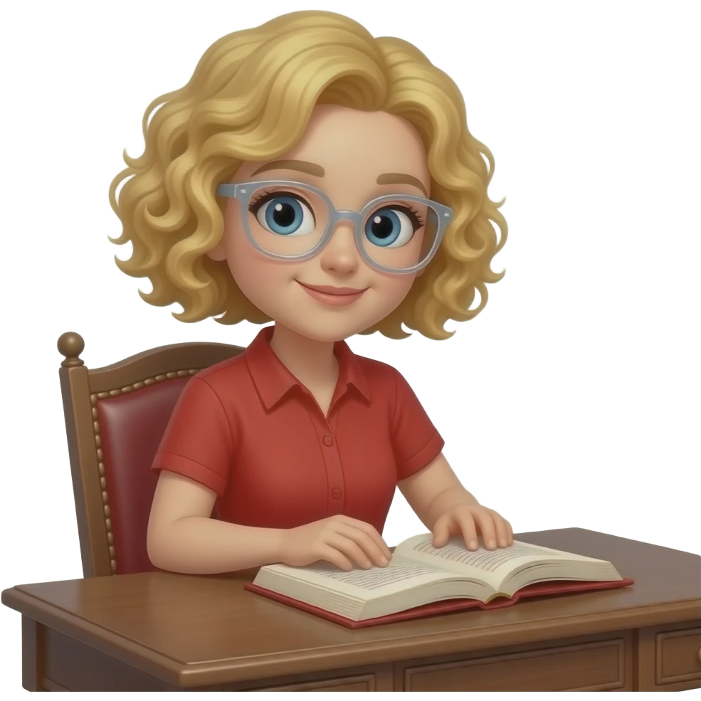 blonde tight curly hair in a bob typing a book on an antique desk typing in a red shirt wearing clear rim frame glasses emoji