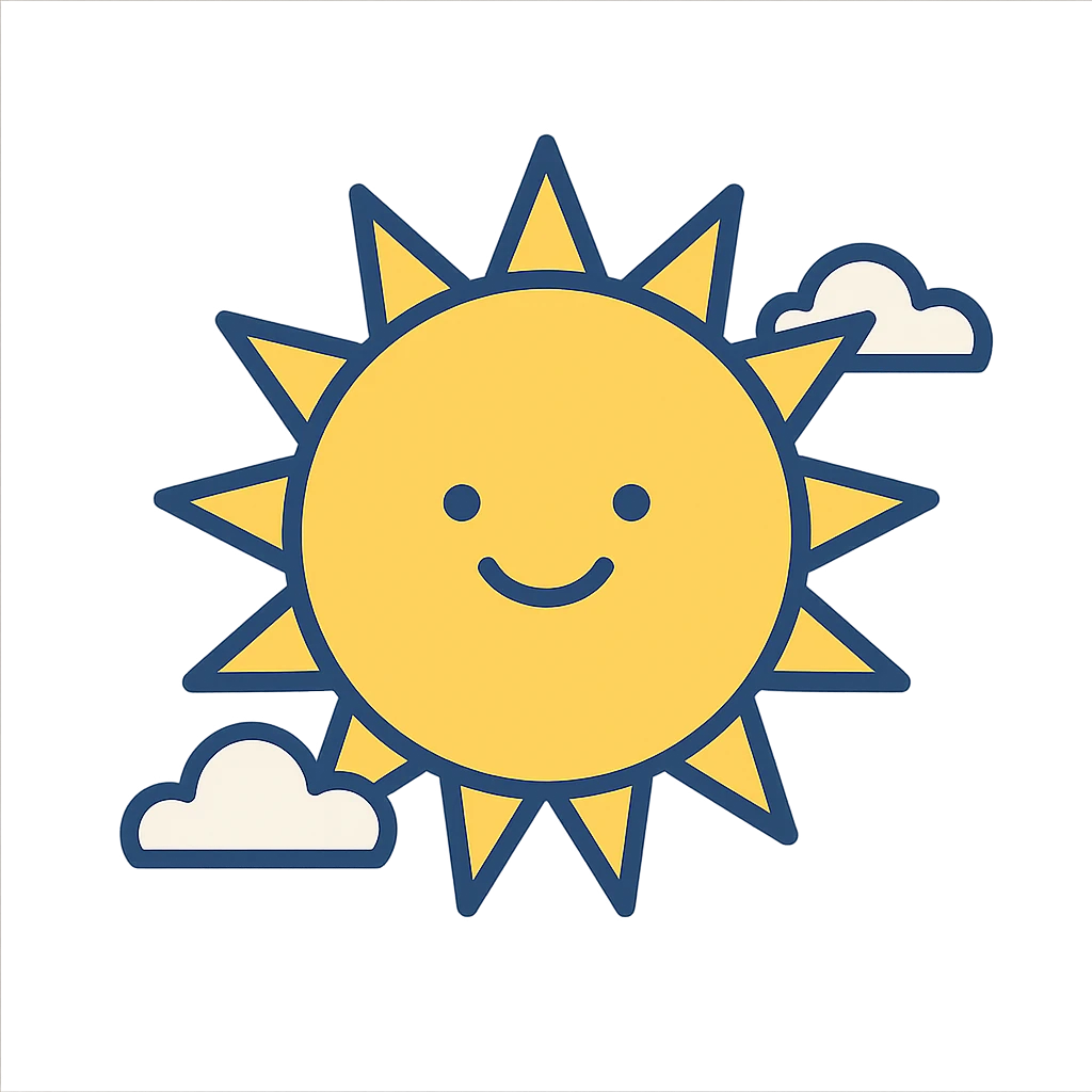 cheerful yellow sun with a smiling face, clean modern illustration style, vibrant colors emoji