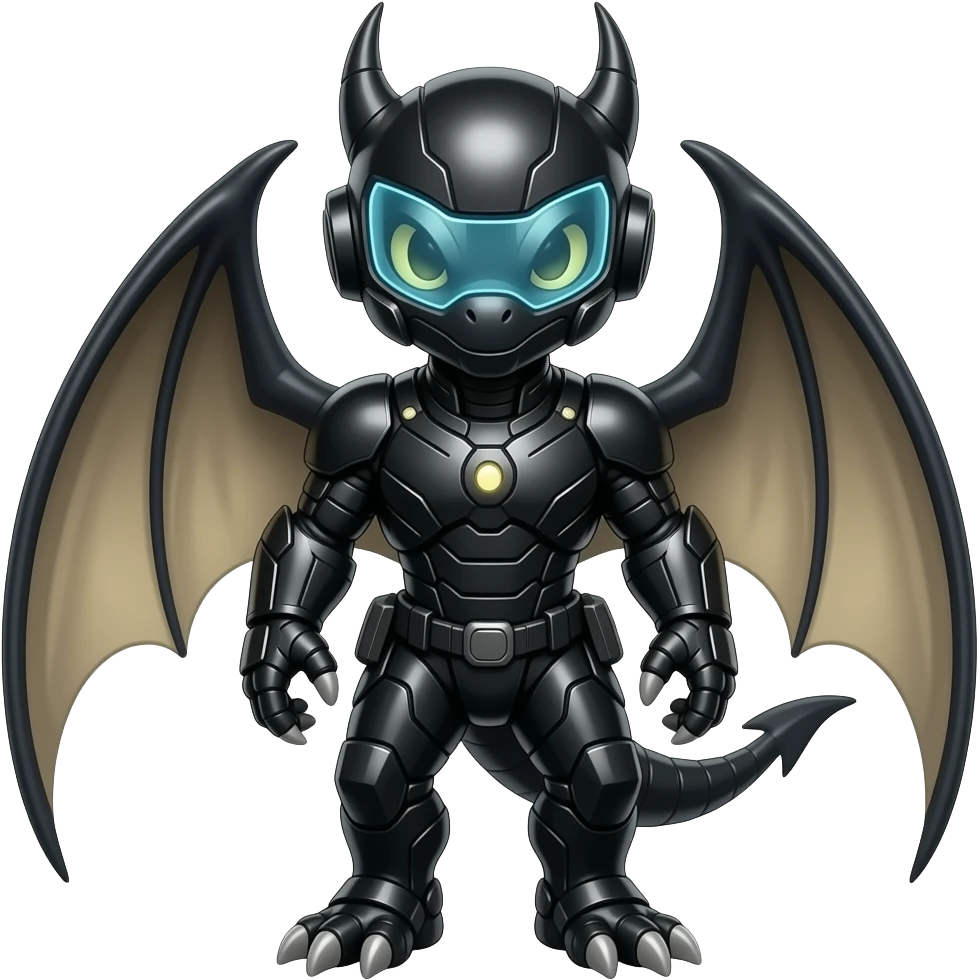 a shiny Black Genesect-Flygon-Raptor-Fakémon—hybrid with a futuristic visor-helmet full body emoji