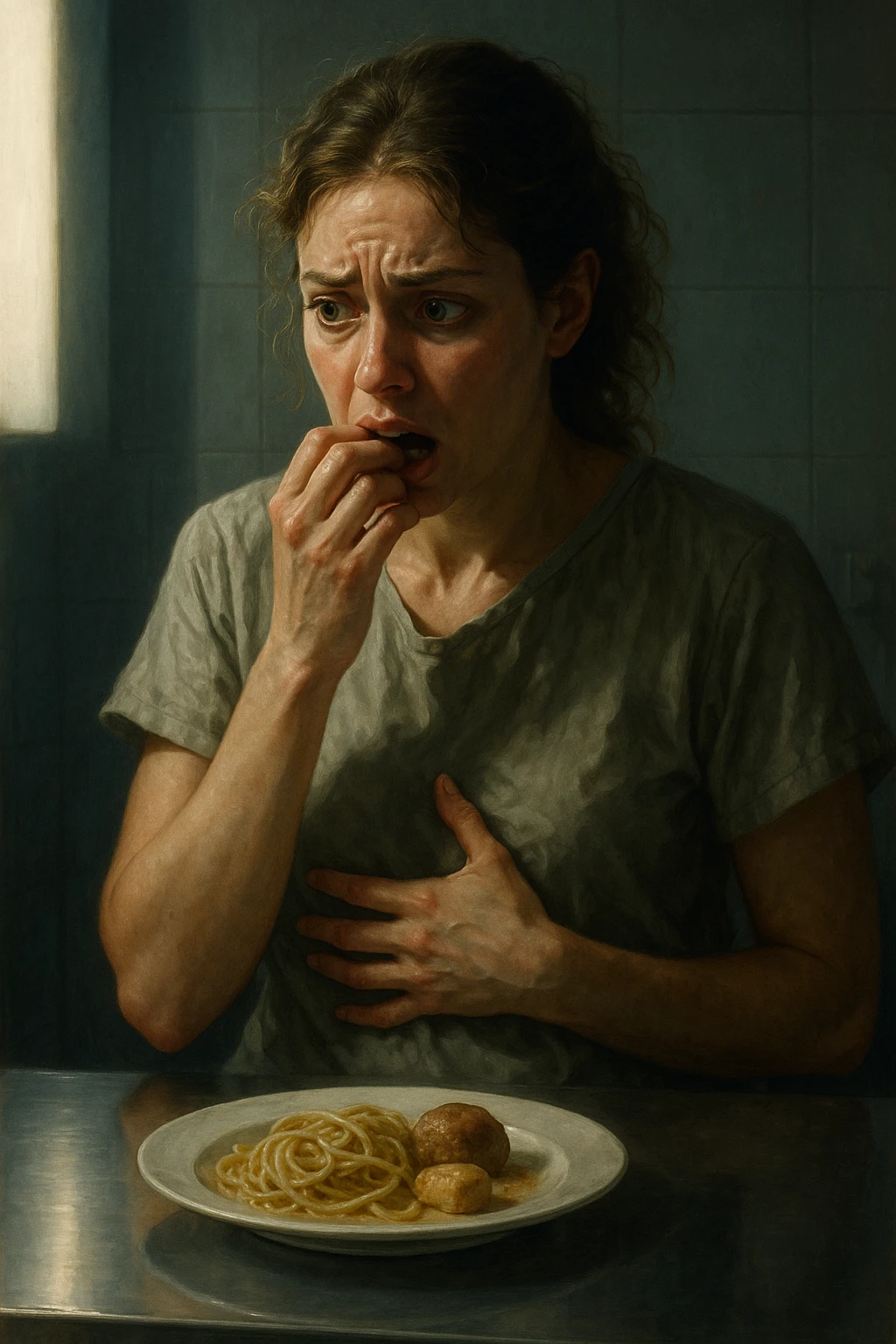 realistic illustration of a woman showing nervous hunger during menstrual cycle, posture and gestures suggesting desire to eat, clinical atmosphere, dramatic lighting, no text, vertical 2:3 format emoji