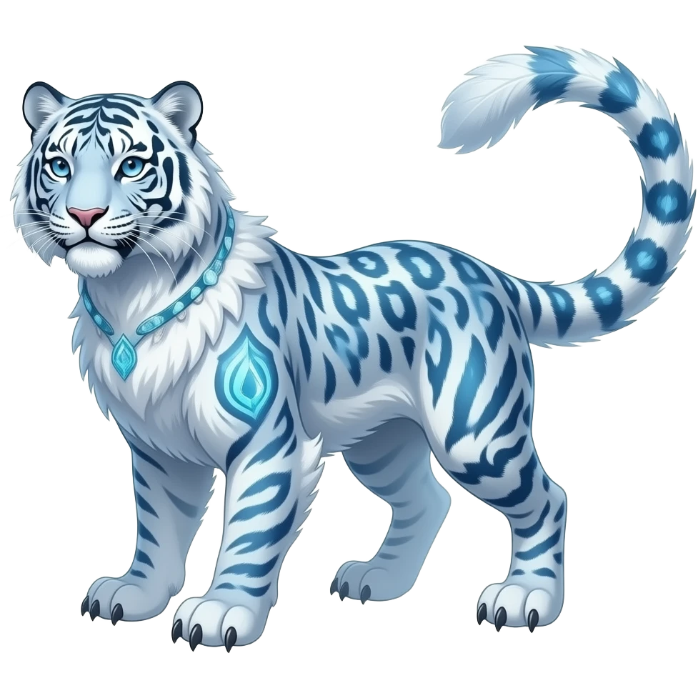 Fantasy tribal-patterned elemental magical mysterious mystical snowy icy furry fuzzy fluffy Shiny futuristic feathery beautiful gorgeous snow-leopard-Sabretooth-tiger-velociraptor-Absol-Charizard-Hybrid emoji