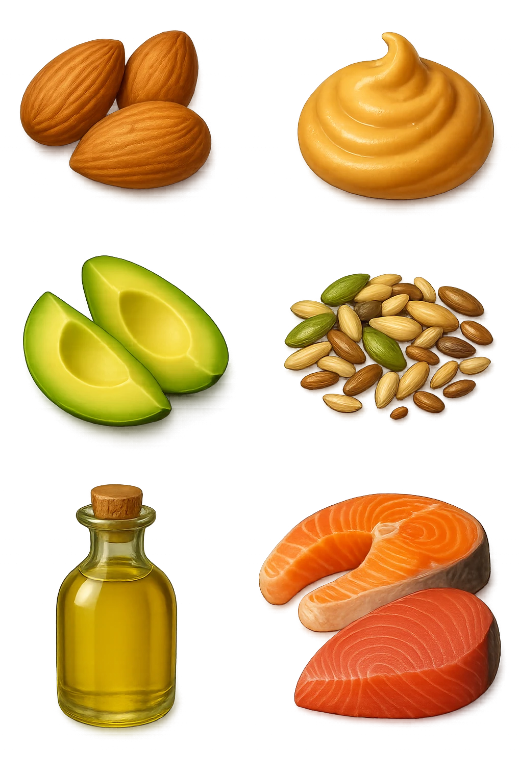 EMOJI STILE IPHONE DI
Frutta secca (mandorle, noci macadamia)
Burro di frutta secca (es. burro di arachidi)
Avocado (in piccole porzioni)
Semi
Olio extravergine d’oliva
Pesce grasso (salmone, tonno)
, fluttuano in aria REALISTICA 4K emoji